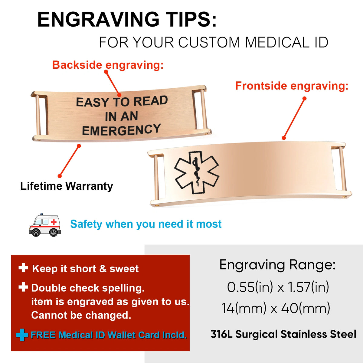 Medical ID bracelet engraving guide showing suggested medical details and emergency contact information.