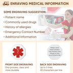 Medical ID necklace engraving guide showing suggested medical information and emergency contact details.