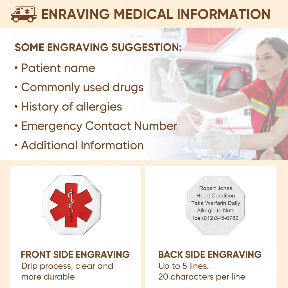 Medical ID necklace engraving guide showing suggested medical information and emergency contact details.