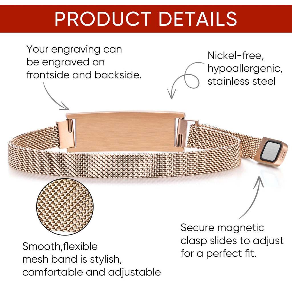Rose gold medical ID mesh bracelet feature guide showing the ID plate, mesh band, and adjustable closure.