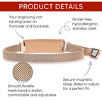 Rose gold medical ID mesh bracelet feature guide showing the ID plate, mesh band, and adjustable closure.
