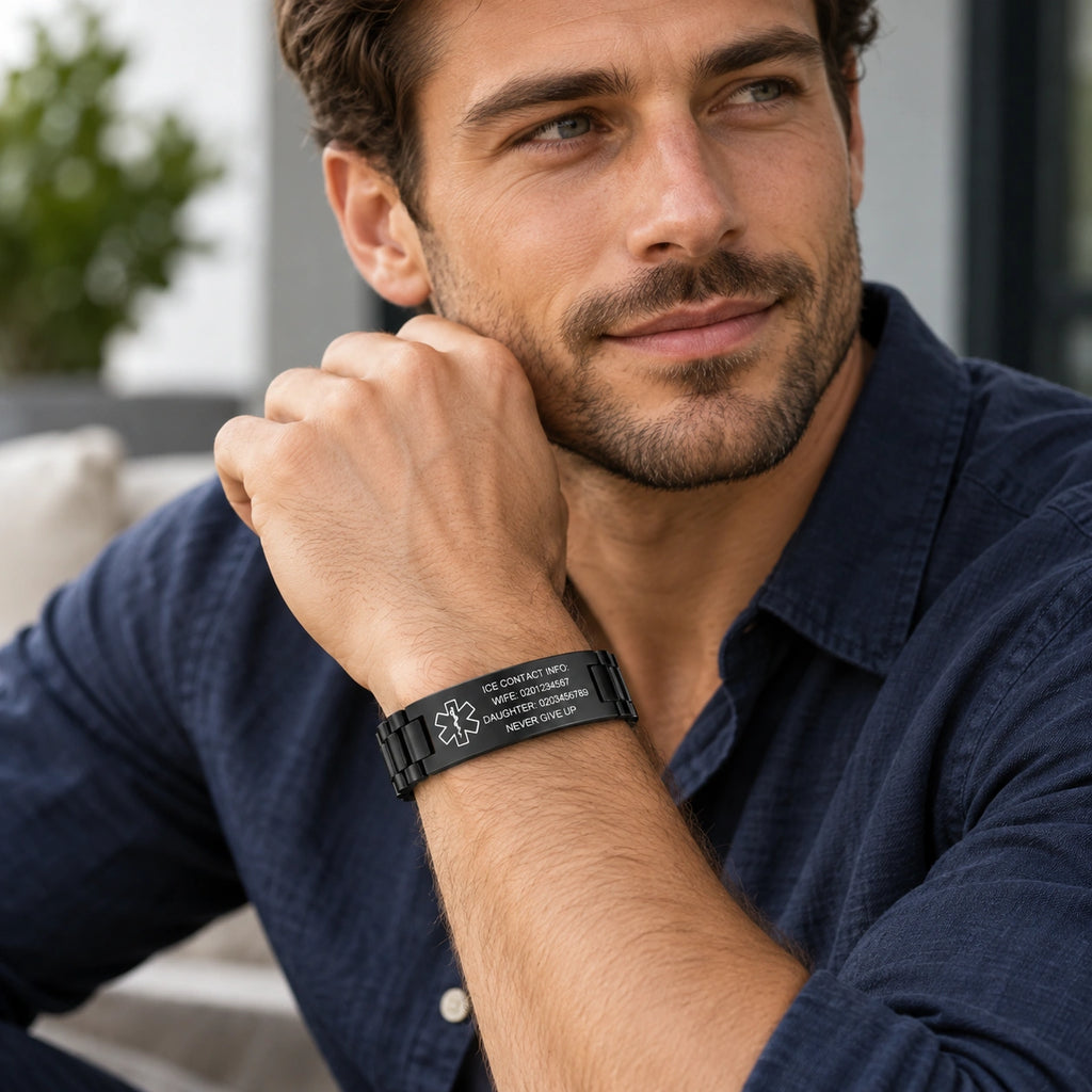 Man wearing a black stainless steel medical ID link bracelet on his wrist.