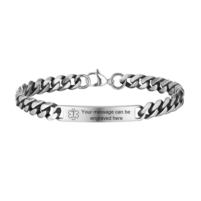 Silver personalized men's medical ID curb chain bracelet with stainless steel engraving plate and medical symbol.