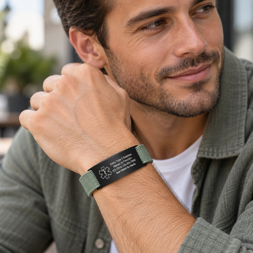 Man wearing a black medical ID bracelet with an adjustable elastic band on his wrist.