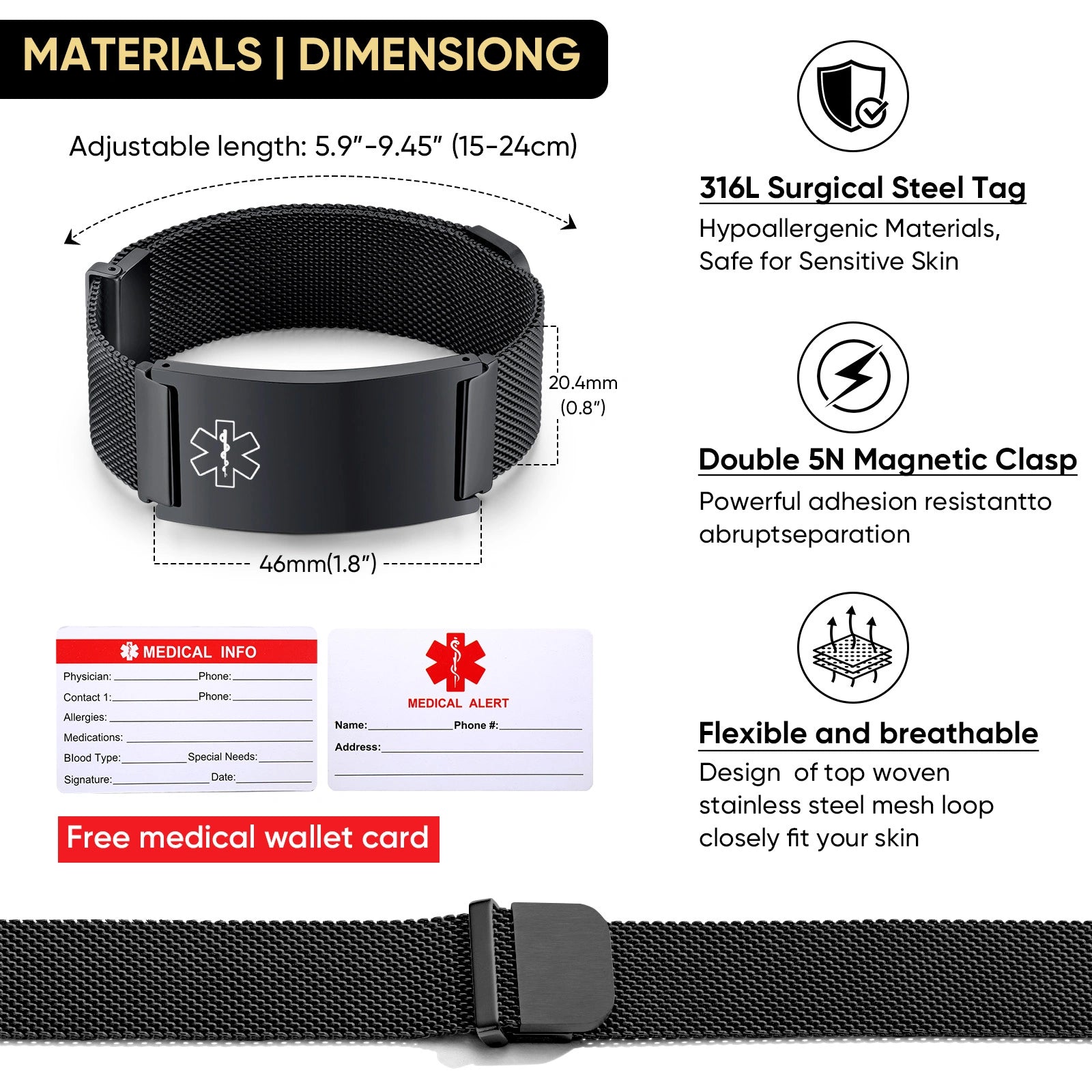 Black stainless steel mesh medical ID bracelet feature guide showing the engraving plate and magnetic closure.