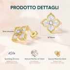 Product detail guide showing four leaf clover stud earrings with white mother of pearl petals, cubic zirconia accents, and size information.