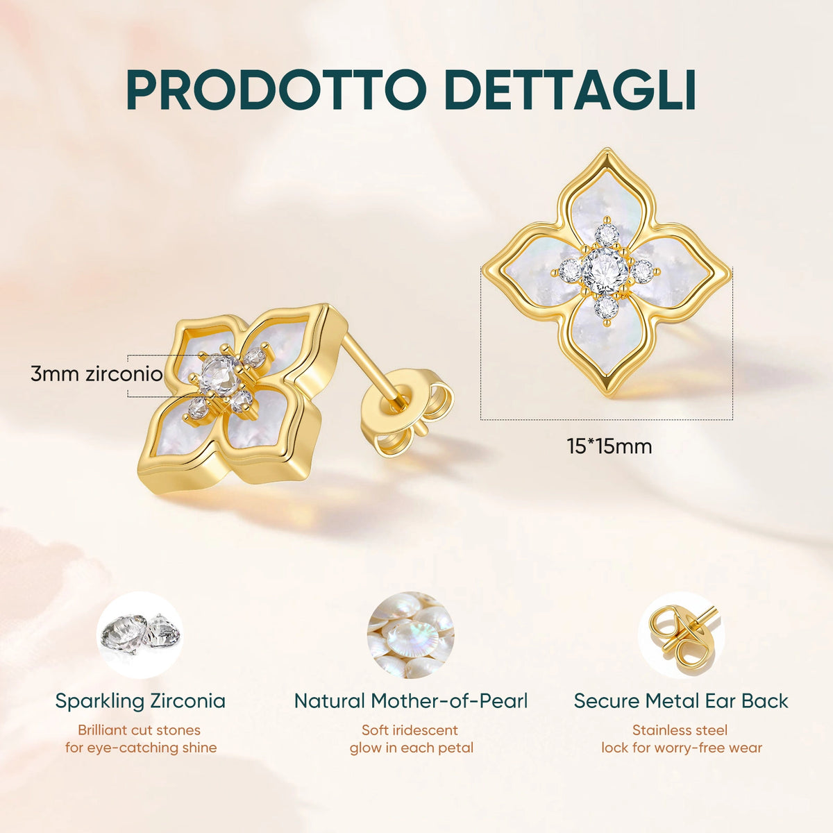 Product detail guide showing four leaf clover stud earrings with white mother of pearl petals, cubic zirconia accents, and size information.