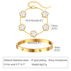 Size guide for a white mother of pearl floral bracelet and gold tone crystal bangle, showing bracelet dimensions and design details.