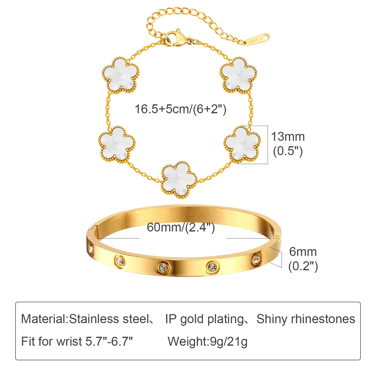 Size guide for a white mother of pearl floral bracelet and gold tone crystal bangle, showing bracelet dimensions and design details.