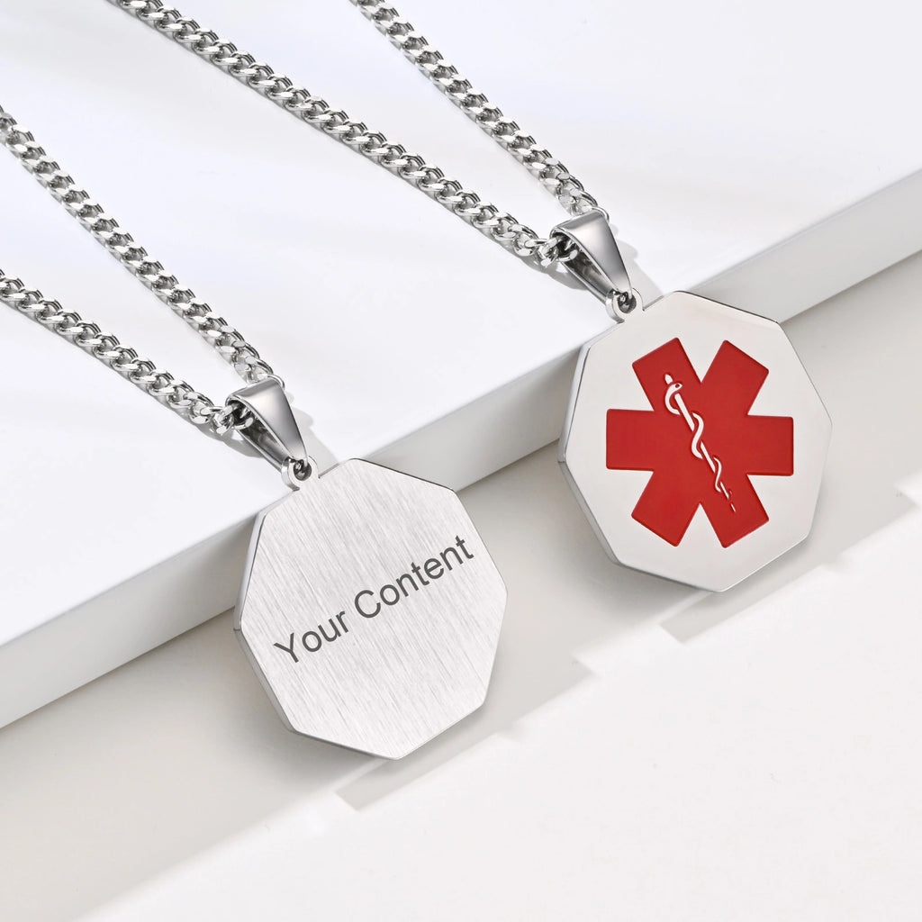 Personalized octagonal medical ID necklace showing custom back engraving and red medical alert symbol.