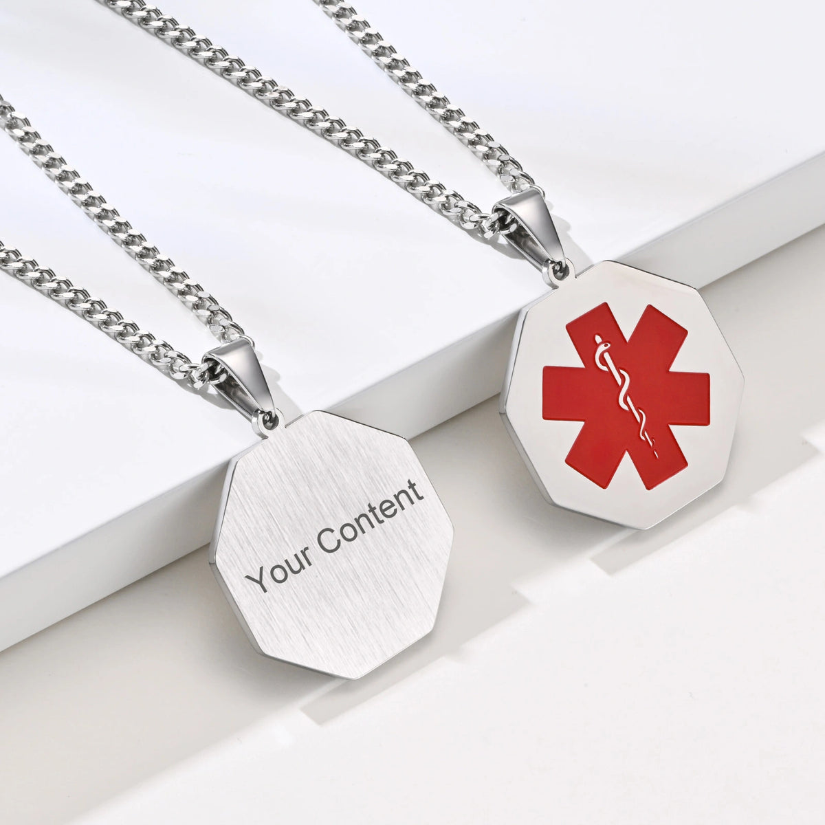Personalized octagonal medical ID necklace showing custom back engraving and red medical alert symbol.