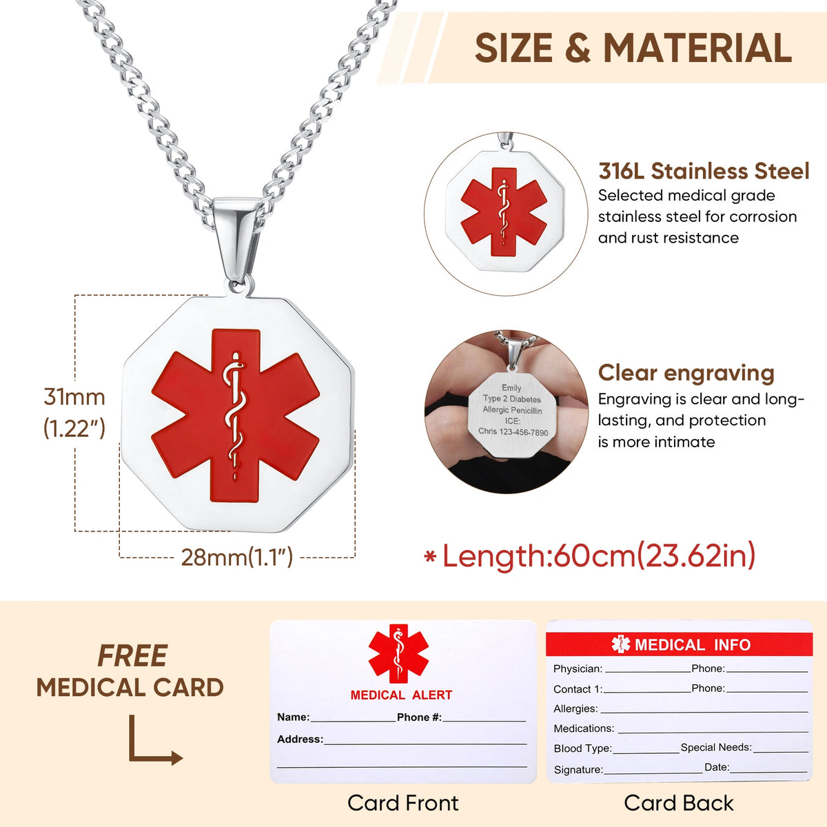 Octagonal medical ID necklace size guide showing pendant dimensions, stainless steel material, and chain length.