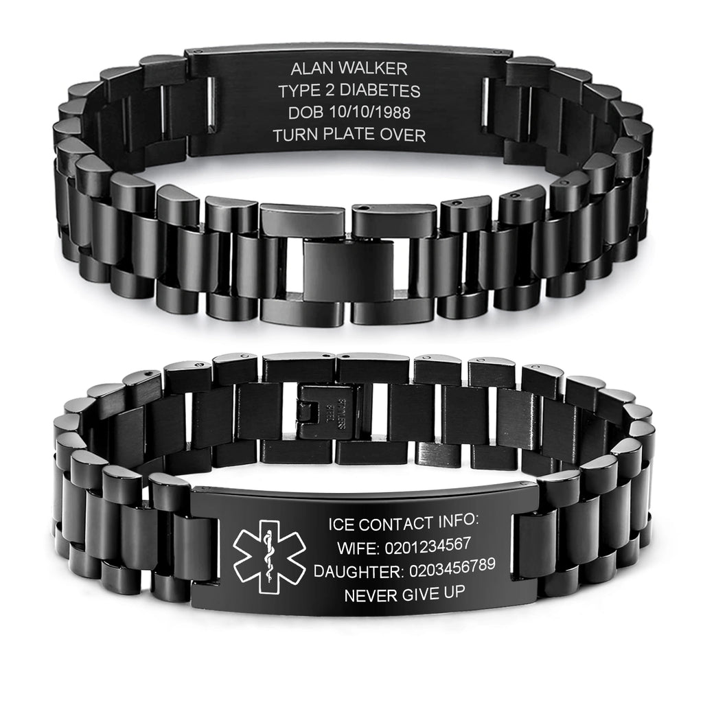 Black personalized stainless steel medical ID link bracelet shown front and back with custom engraving.
