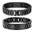 Black personalized stainless steel medical ID link bracelet shown front and back with custom engraving.