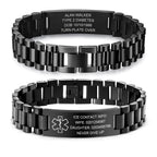 Black personalized stainless steel medical ID link bracelet shown front and back with custom engraving.