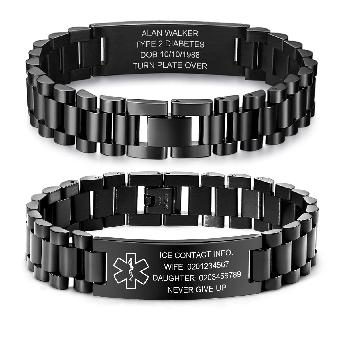 Black personalized stainless steel medical ID link bracelet shown front and back with custom engraving.