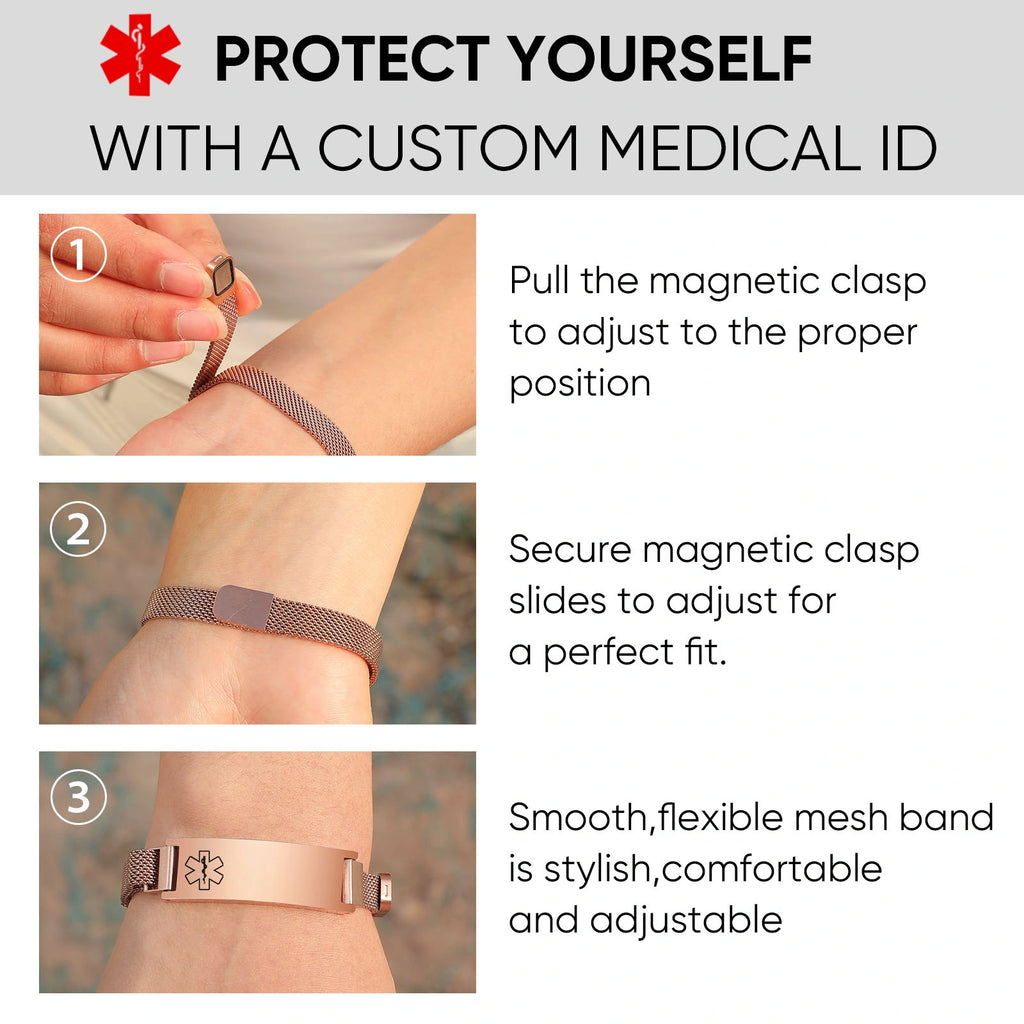 Personalized medical ID mesh bracelet shown on the wrist with an engraved stainless steel identification plate.