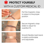 Personalized medical ID mesh bracelet shown on the wrist with an engraved stainless steel identification plate.