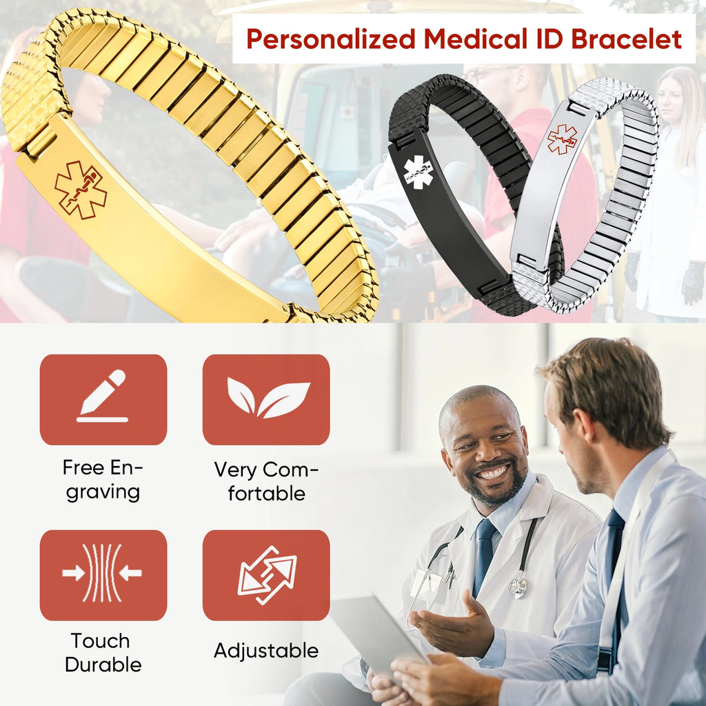 Personalized medical ID stretch bracelet infographic highlighting engraving and everyday wear features.