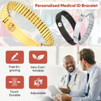 Personalized medical ID stretch bracelet infographic highlighting engraving and everyday wear features.