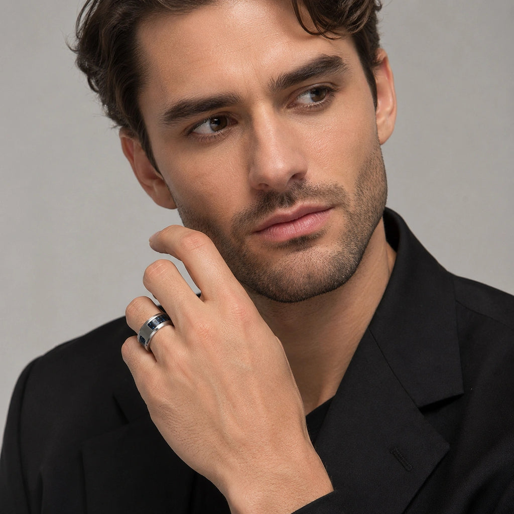 Personalized Polished Steel & Carbon Fiber Men's Flat Ring