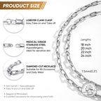 Stainless steel rectangular link necklace detail guide showing polished chain links, lobster clasp, 7.5 mm width, and available lengths.