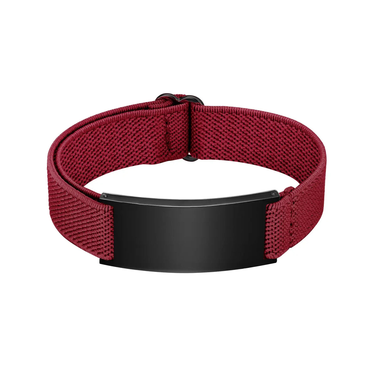 Red medical ID bracelet with adjustable elastic band and black stainless steel engraving plate.