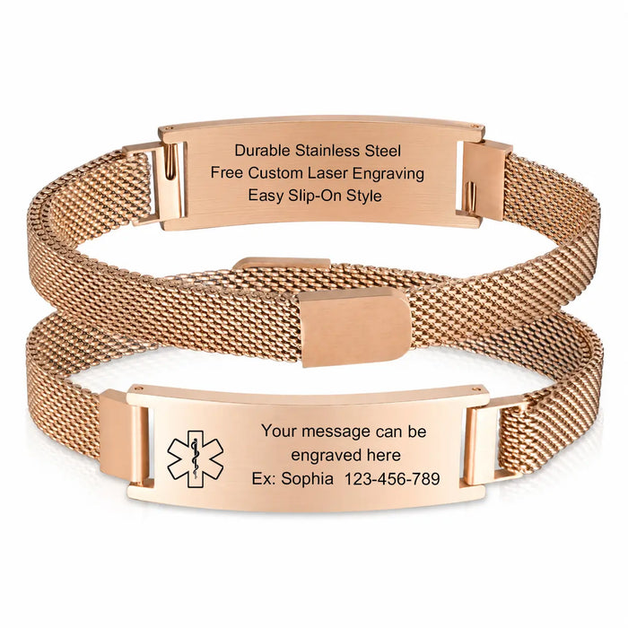 Rose gold stainless steel mesh ID bracelet showing a polished front plate, textured band, and personalized engraving on the back
