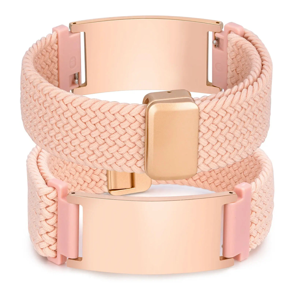 Rose gold tone braided band ID bracelet featuring a matching metal plate and textured band