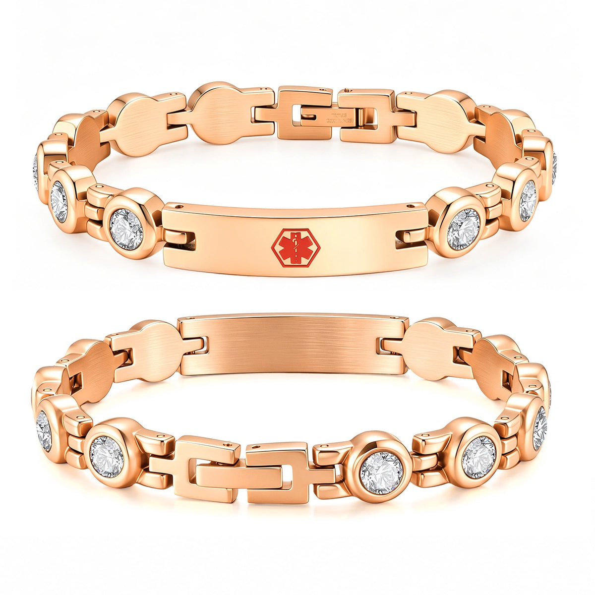 Gold medical ID link bracelet with sparkling CZ accents, polished engraving plate, and red medical symbol.