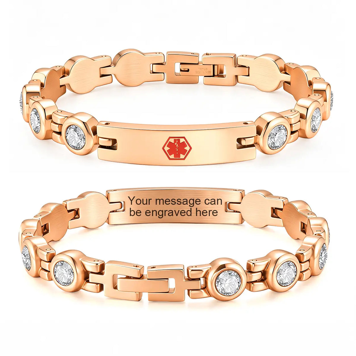 Rose gold stainless steel medical ID link bracelet with sparkling CZ accents, a red front emblem, and personalized back engraving

