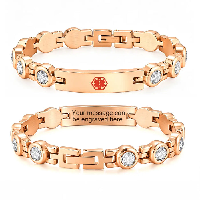 Rose gold stainless steel medical ID link bracelet with sparkling CZ accents, a red front emblem, and personalized back engraving
