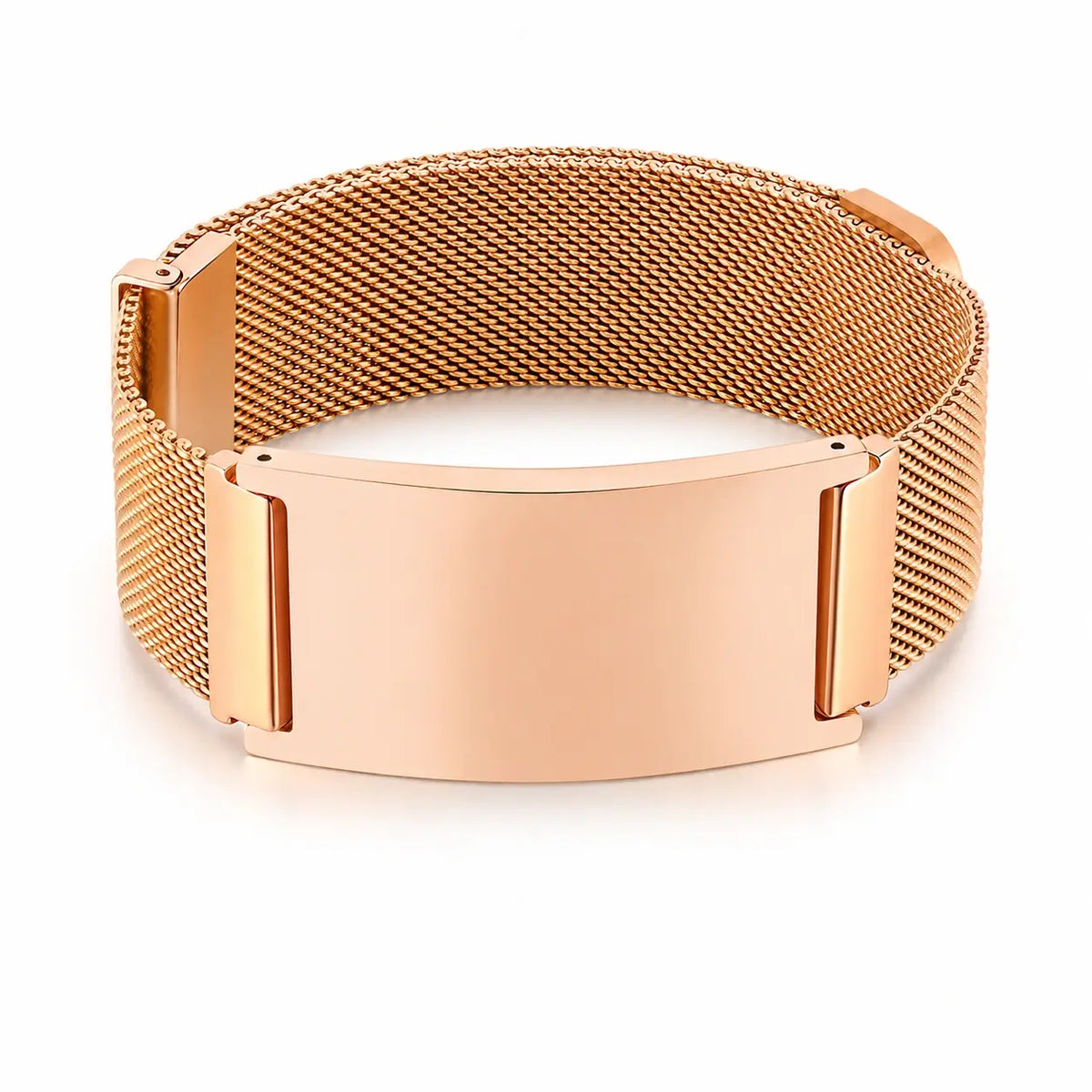 Rose gold stainless steel mesh medical ID bracelet with a blank engraving plate and magnetic closure.