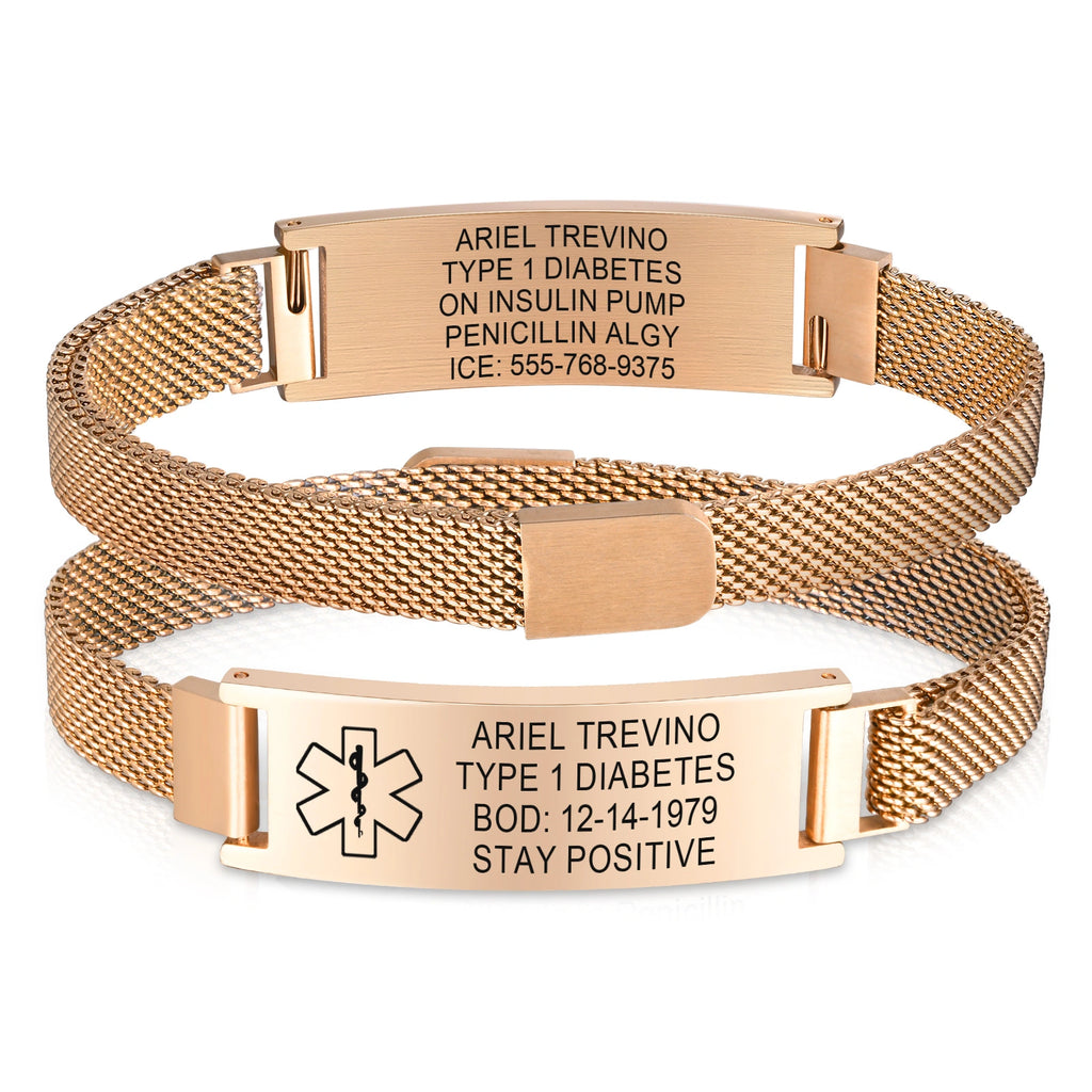 Rose gold personalized medical ID mesh bracelet with engraved plate and medical alert symbol.