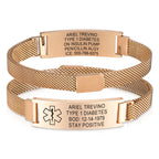 Rose gold personalized medical ID mesh bracelet with engraved plate and medical alert symbol.