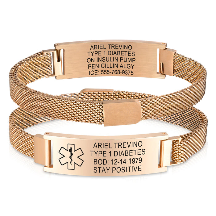 Rose gold personalized medical ID mesh bracelet with engraved plate and medical alert symbol.