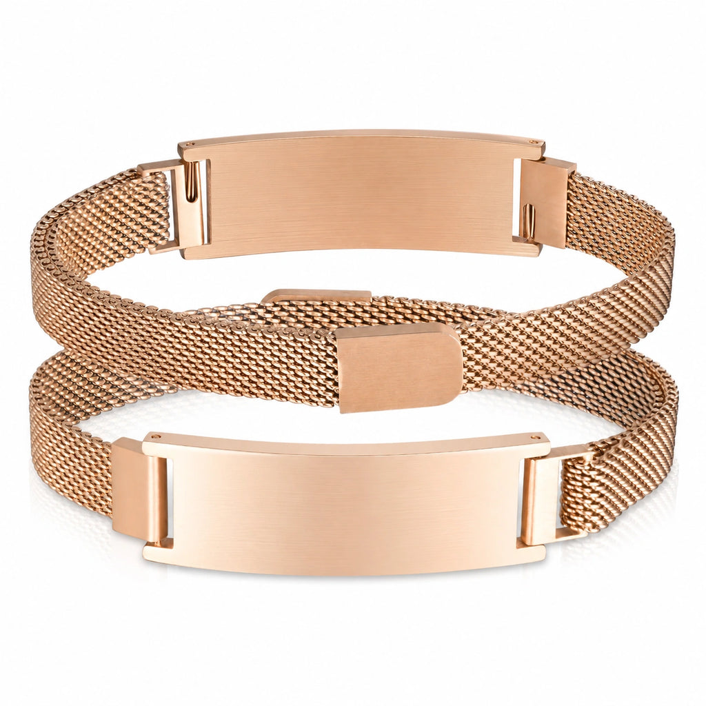 Rose gold stainless steel mesh medical ID bracelet showing the front ID plate and back engraving area.