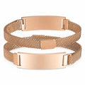 Rose gold stainless steel mesh medical ID bracelet showing the front ID plate and back engraving area.