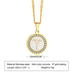 Round CZ medical ID necklace size guide showing pendant dimensions, chain length, and stainless steel material.