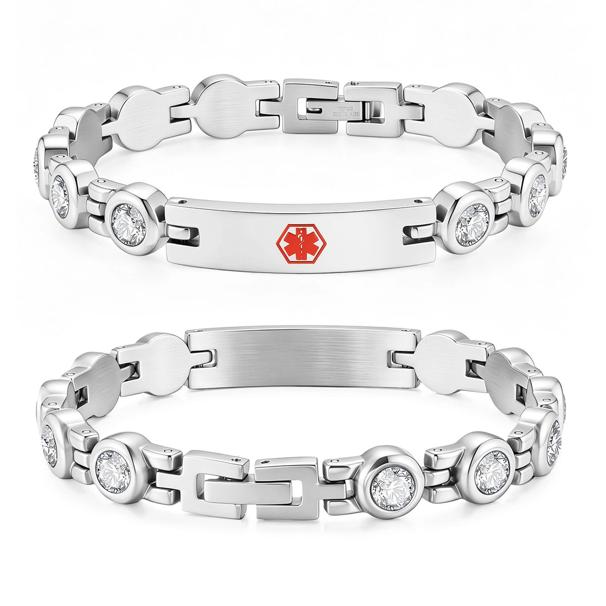 Silver stainless steel CZ link ID bracelet featuring sparkling stone accents, a red front emblem, and smooth reverse side