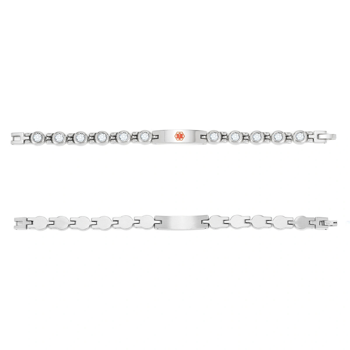 Close-up of a silver medical ID link bracelet showing cubic zirconia accents and polished stainless steel links.