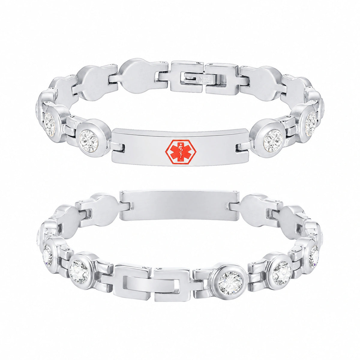 Silver CZ medical ID link bracelet shown from front and back with red medical symbol and engraving area.