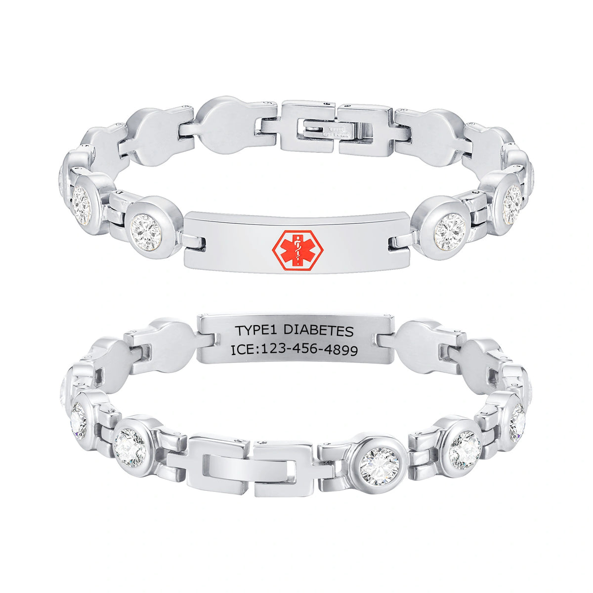 Silver personalized medical ID link bracelet with cubic zirconia accents, red medical symbol, and back engraving.