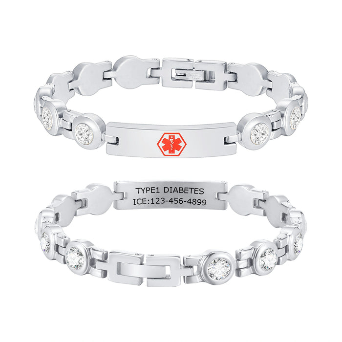 Silver personalized medical ID link bracelet with cubic zirconia accents, red medical symbol, and back engraving.