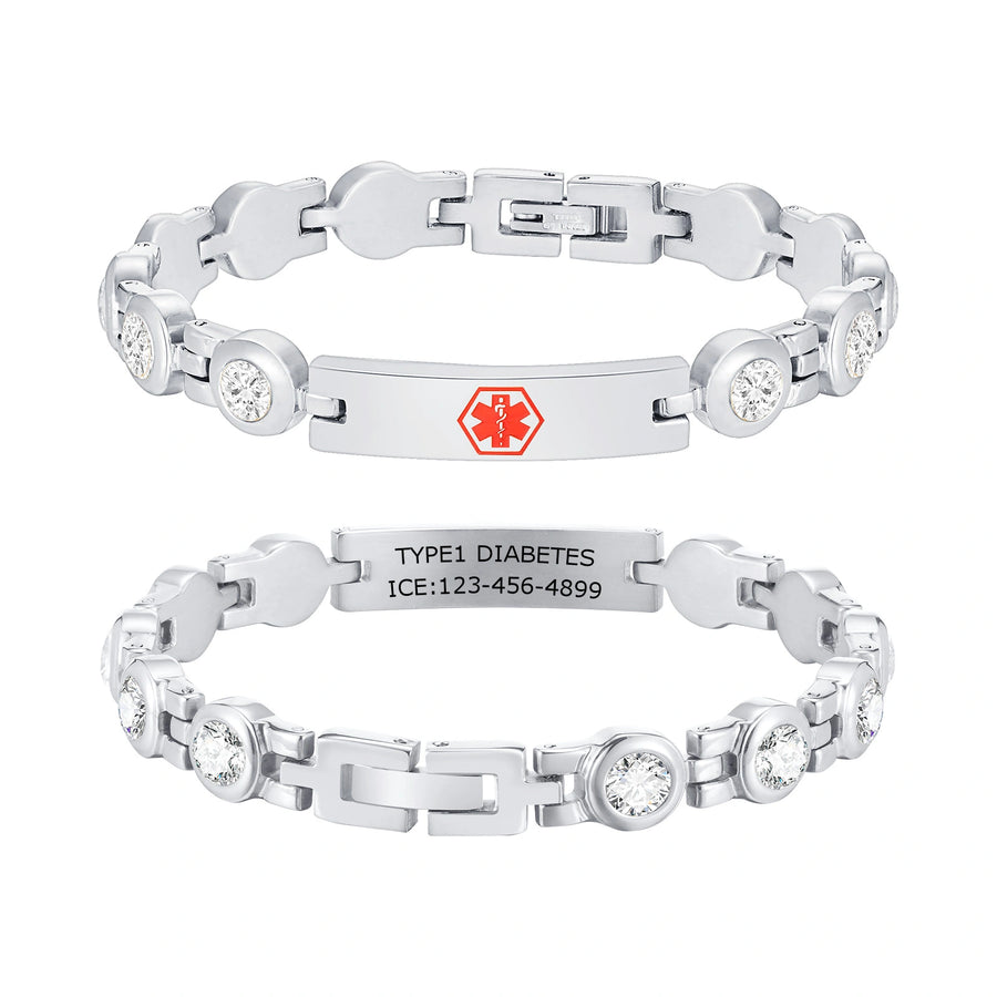Silver personalized medical ID link bracelet with cubic zirconia accents, red medical symbol, and back engraving.