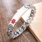 Silver stainless steel medical alert curb chain bracelet with polished ID plate and red medical symbol