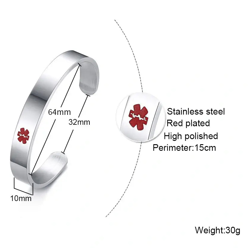 Silver stainless steel medical alert cuff bangle showing the engraving area and red medical symbol.
