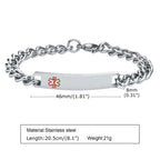 Silver stainless steel medical ID chain bracelet size guide showing the ID plate and bracelet dimensions.
