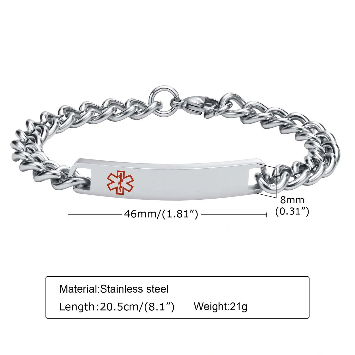 Silver stainless steel medical ID chain bracelet size guide showing the ID plate and bracelet dimensions.