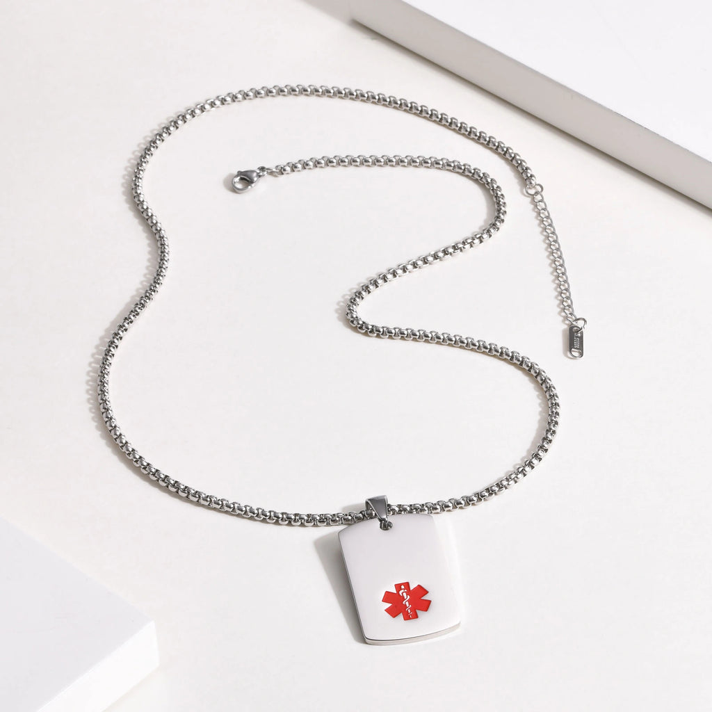 Silver stainless steel medical ID dog tag necklace with chain and personalized pendant.
